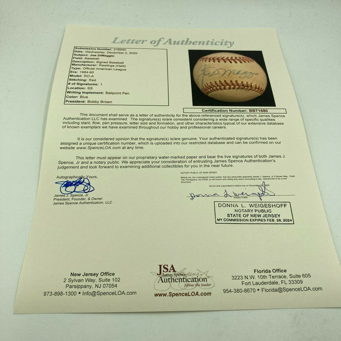 Joe Dimaggio Signed Autographed Official American League Baseball With JSA COA