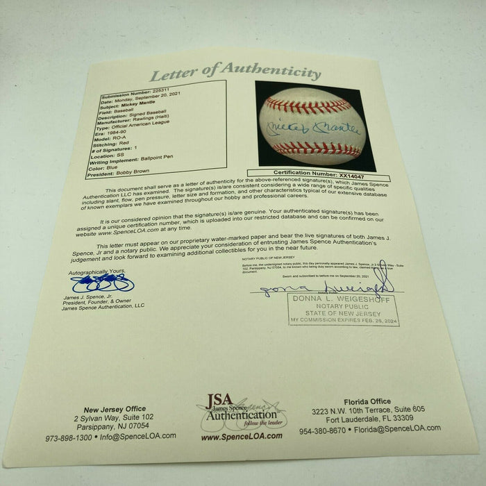 Nice Mickey Mantle Signed Autographed Official American League Baseball JSA COA