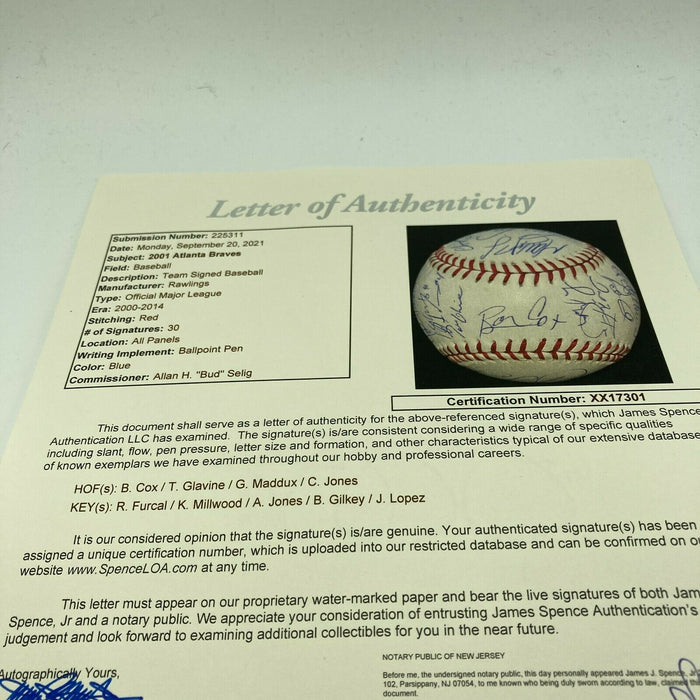 2001 Atlanta Braves Team Signed MLB Baseball Chipper Jones Greg Maddux JSA COA