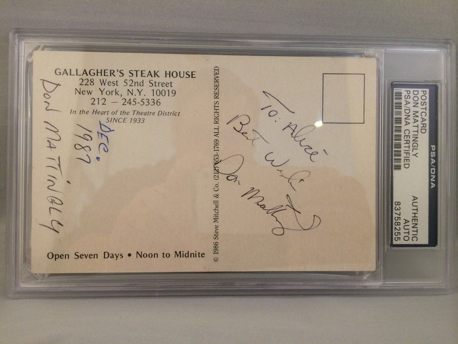 Rare Don Mattingly Signed Vintage Gallagher's Steak House Post Card PSA DNA Auto