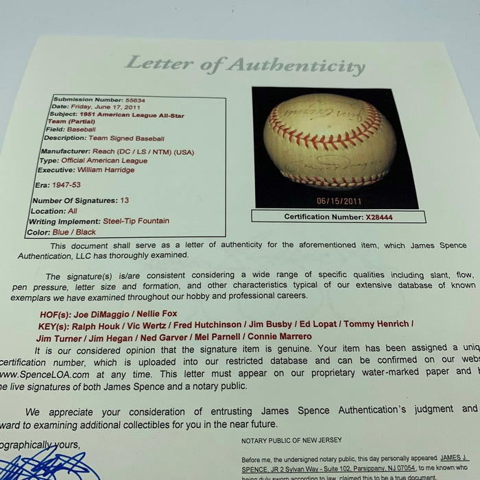 1951 All Star Game Team Signed Baseball Joe Dimaggio & Nellie Fox With JSA COA