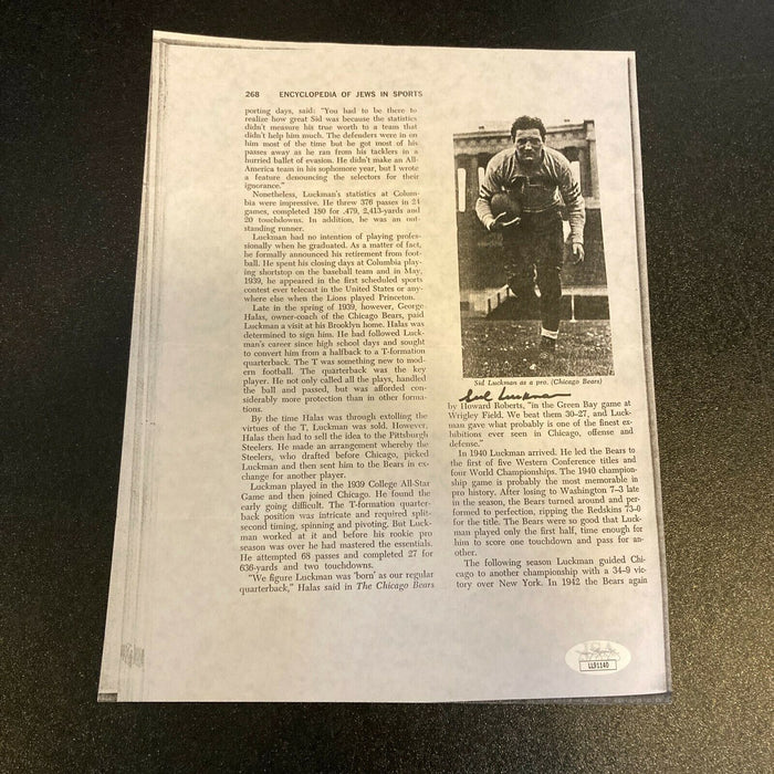 Sid Luckman Signed Autographed Photo Sheet JSA COA
