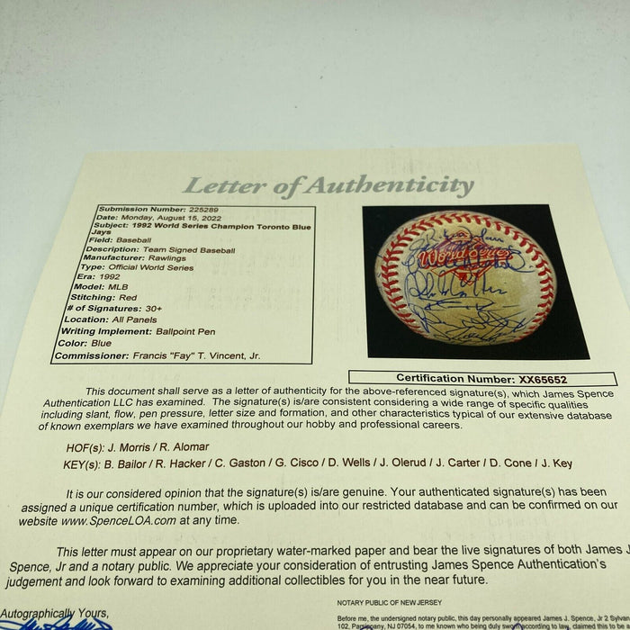 1992 Toronto Blue Jays World Series Champs Team Signed W.S. Baseball JSA COA