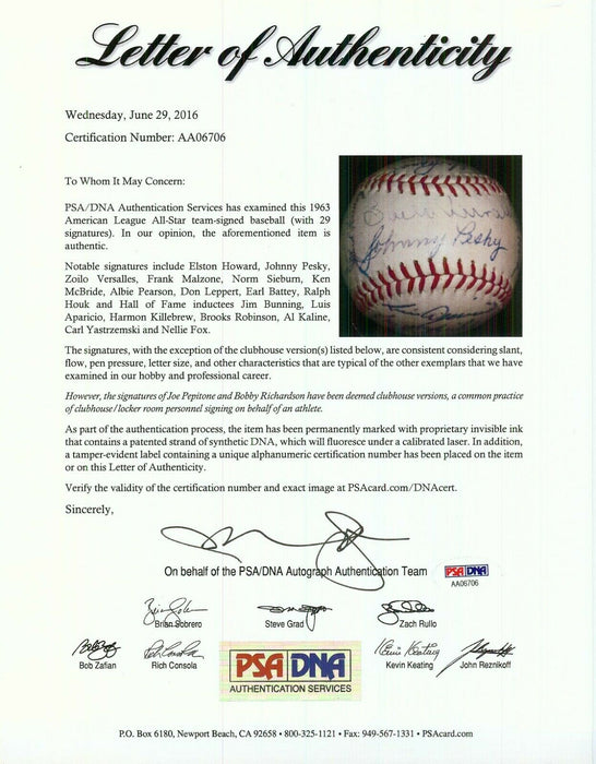 1963 All Star Game American League Team Signed Baseball PSA DNA COA