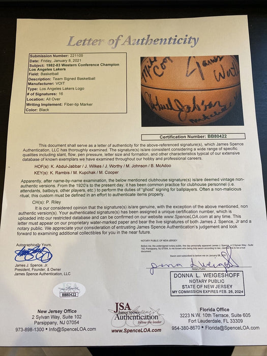 1982 Los Angeles Lakers Team Signed Basketball Magic Johnson Kareem Jabbar JSA