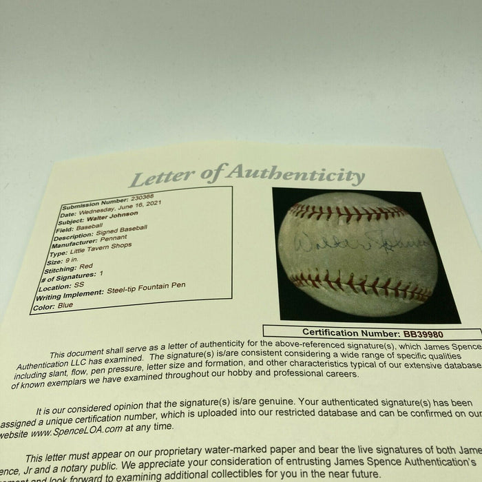 Extraordinary Walter Johnson Single Signed Autographed Baseball With JSA COA