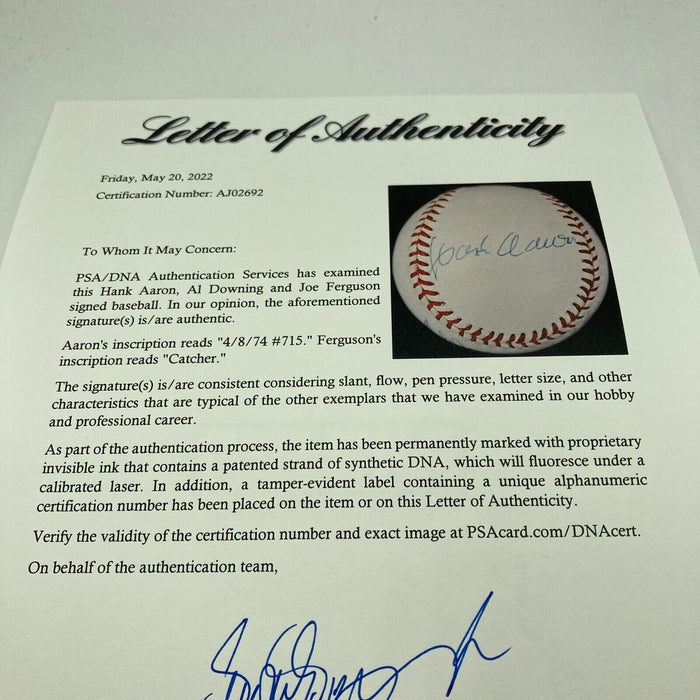 Hank Aaron Al Downing Joe Ferguson 715th Home Run 4-8-1974 Signed Baseball PSA