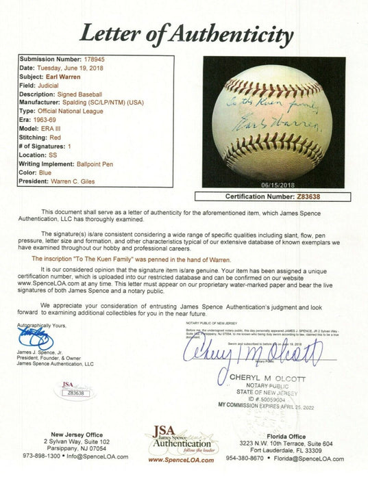 Supreme Court Chief Justice Earl Warren Single Signed 1960's Baseball JSA COA