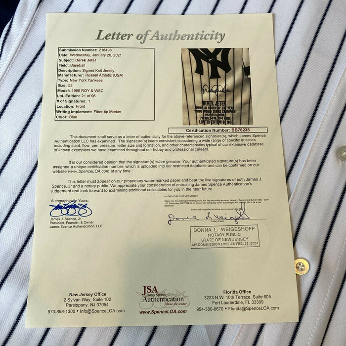 Beautiful Derek Jeter Rookie Signed Authentic 1996 World Series Jersey JSA COA