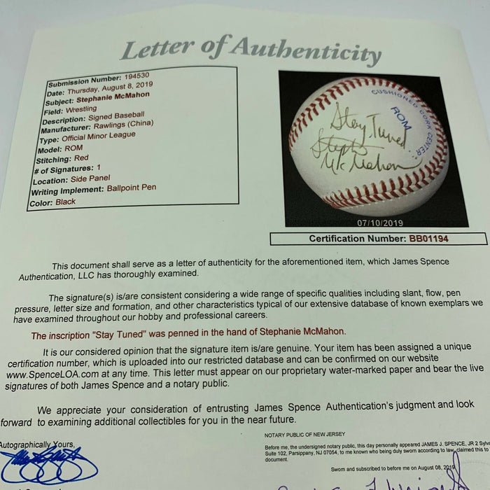 Stephanie McMahon Stay Tuned Signed Autographed Baseball WWE Wrestling JSA COA