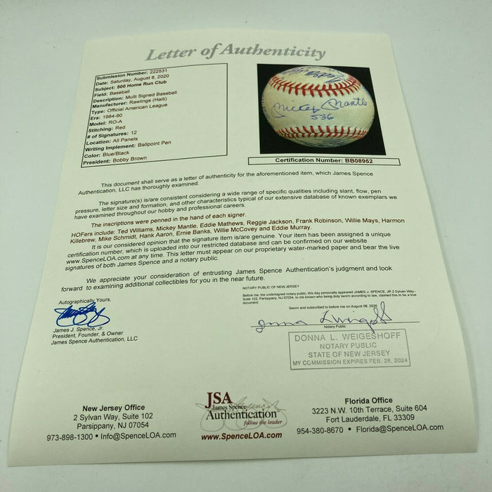 Extraordinary 500 Home Run Club Signed Baseball With HR Totals Mickey Mantle JSA