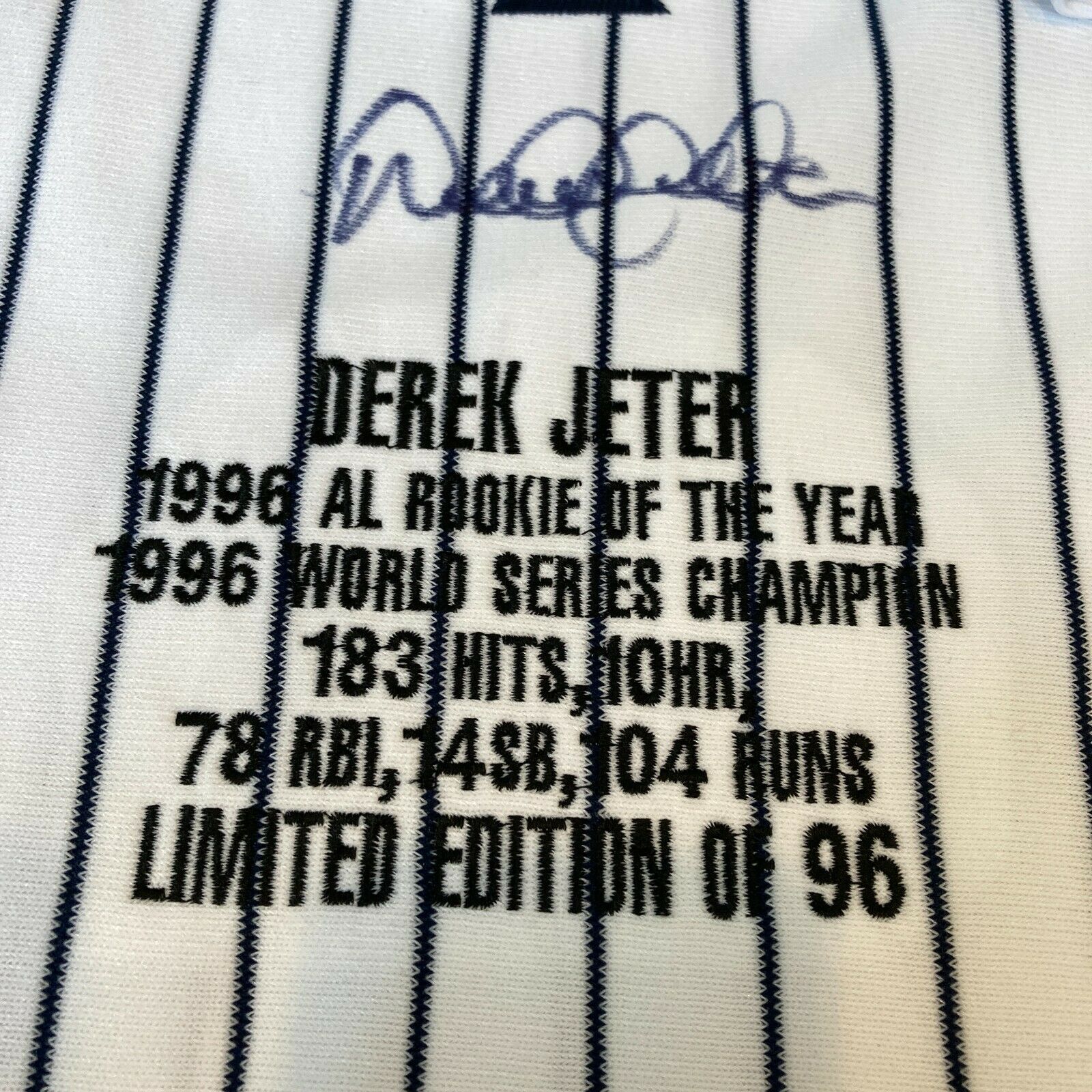 Beautiful Derek Jeter Rookie Signed Authentic 1996 World Series Jersey JSA  COA