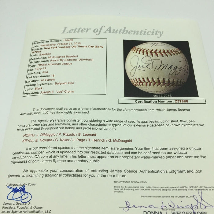 Joe Dimaggio Elston Howard 1973 NY Yankees Old Timers Day Signed Baseball JSA