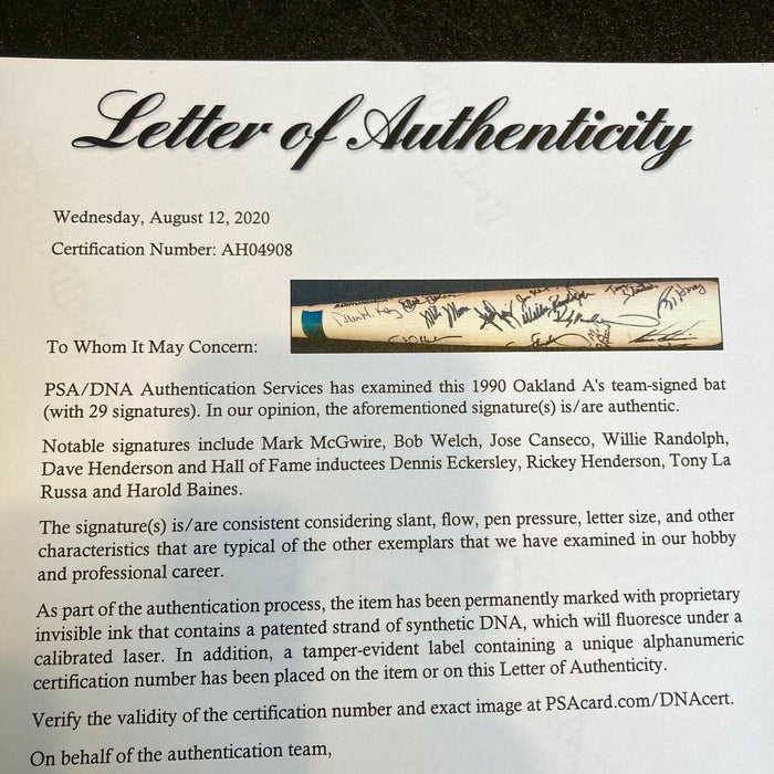 1990 Oakland A's Team Signed Mark Mcgwire Game Issued Baseball Bat PSA DNA COA