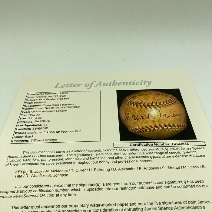 Rare 1932 Boston Red Sox Team Signed American League Baseball With JSA COA