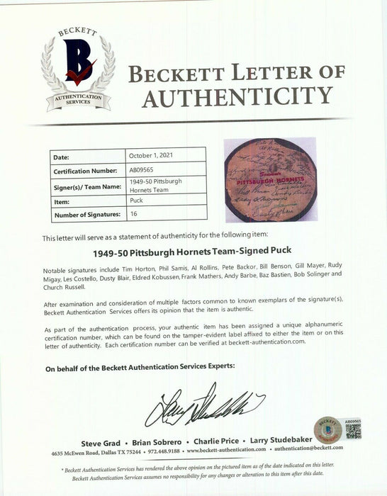 Tim Horton 1949-50 Pittsburgh Hornets Team Signed Puck Beckett COA RARE