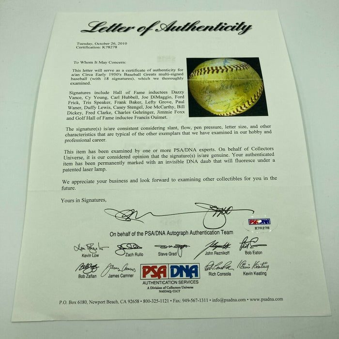 1950's Cy Young Jimmie Foxx Tris Speaker Francis Ouimet HOF Signed Baseball PSA