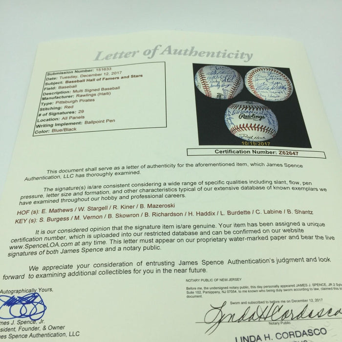 Incredible Pittsburgh Pirates Hall Of Fame Legends Multi Signed Baseball JSA COA
