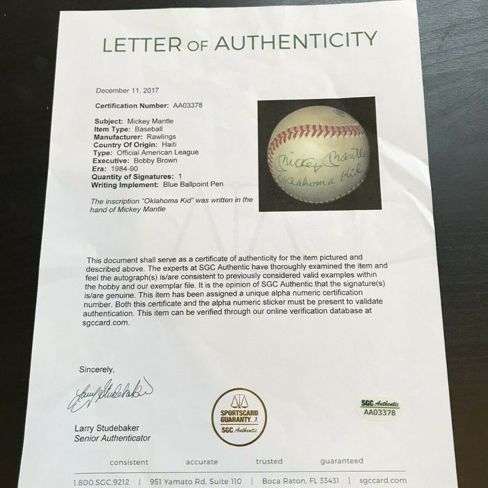 Mickey Mantle "Oklahoma Kid" Single Signed Inscribed Baseball PSA DNA COA