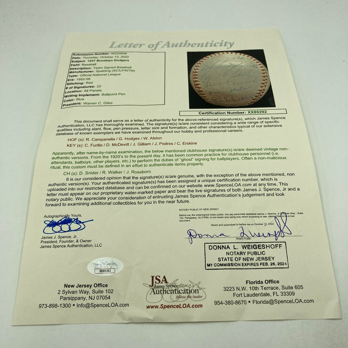 Beautiful 1957 Brooklyn Dodgers Final Season Team Signed Baseball JSA COA