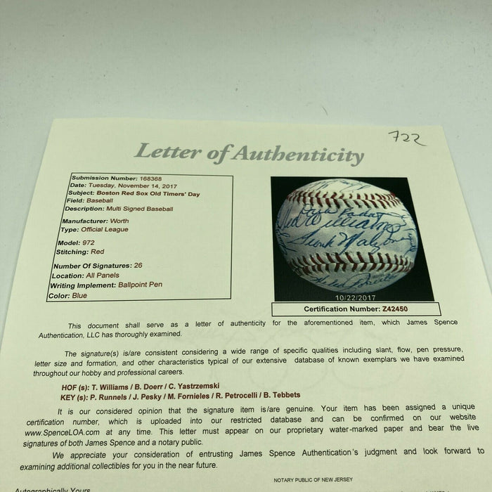 1982 Boston Red Sox Old Timers Day Signed Baseball Ted Williams Yastrzemski JSA