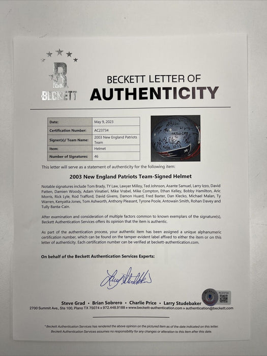 2003 New England Patriots Super Bowl Champs Team Signed Helmet Tom Brady Beckett