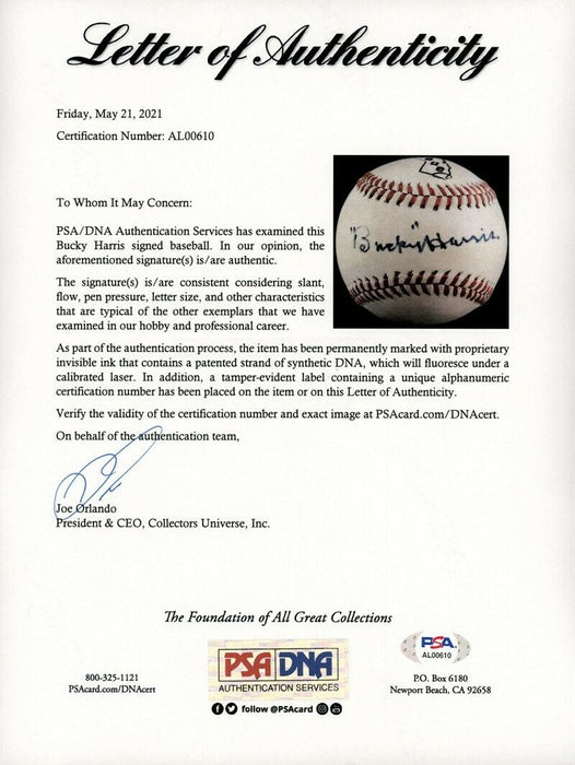 Bucky Harris Single Signed Autographed Baseball PSA DNA COA Yankees Hall Of Fame