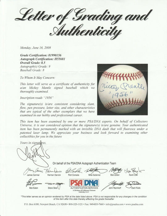 Beautiful Mickey Mantle "1956" Signed Baseball PSA DNA Autograph Grade MINT 9
