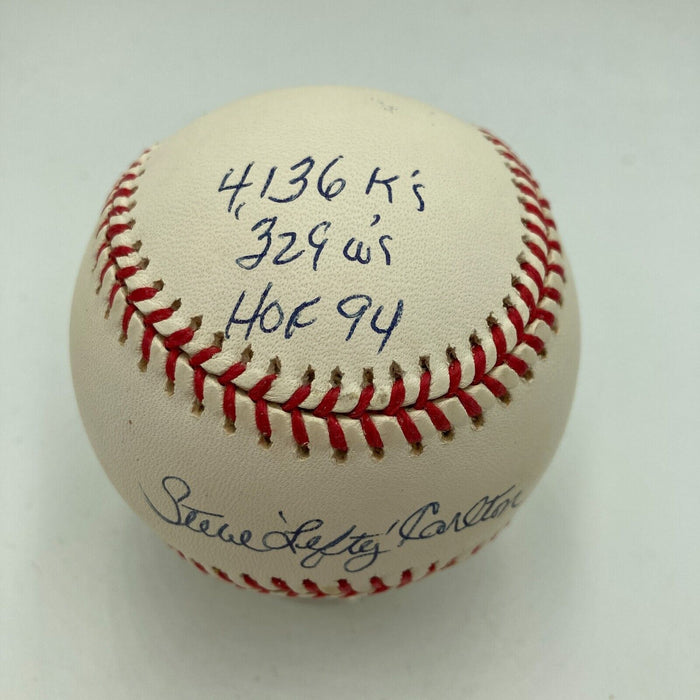 Steve Carlton Signed Heavily Inscribed STAT National League Baseball Beckett