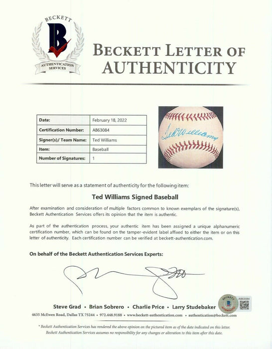 1960's Ted Williams Signed Ted Williams Personal Model Baseball JSA COA