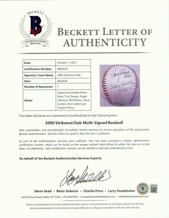 Nolan Ryan Tom Seaver 3000 Strikeout Club Signed Baseball 7 Sigs Beckett COA