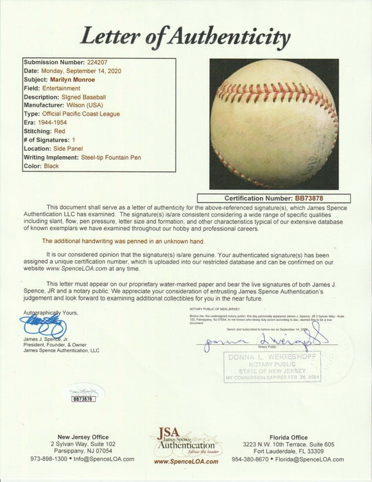 Marilyn Monroe Single Signed Autographed Baseball The Only One Known JSA COA