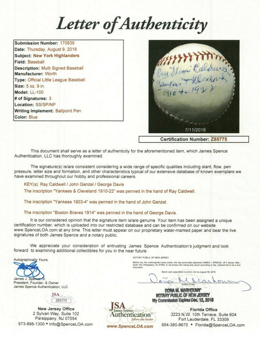 John Ganzel Fist Hit In Yankees History New York Highlanders Signed Baseball JSA