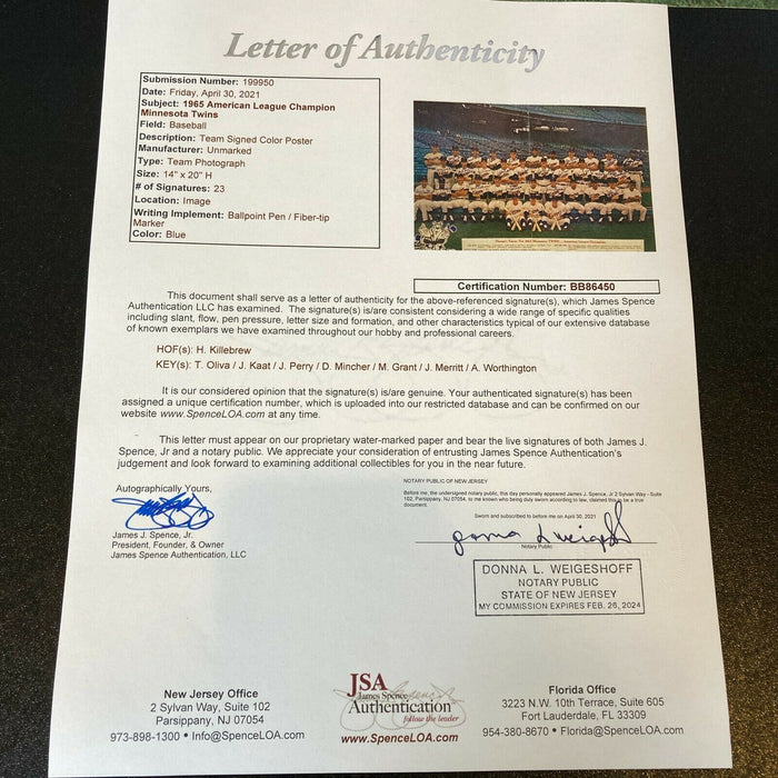 1975 Minnesota Twins AL Champs Team Signed 16x20 Photo Harmon Killebrew JSA COA