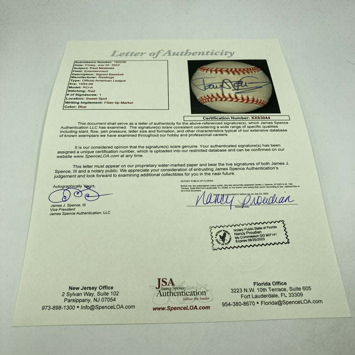 Paul Newman Single Signed Official American League Baseball JSA COA RARE
