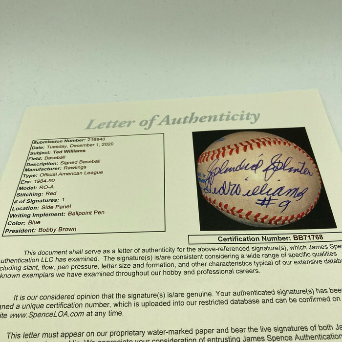 Stunning Ted Williams Splendid Splinter #9 Signed Inscribed Baseball JSA COA