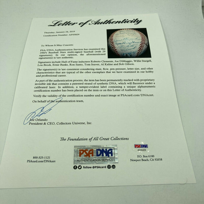 Beautiful Roberto Clemente Joe Dimaggio HOF Legends Signed Baseball PSA DNA COA