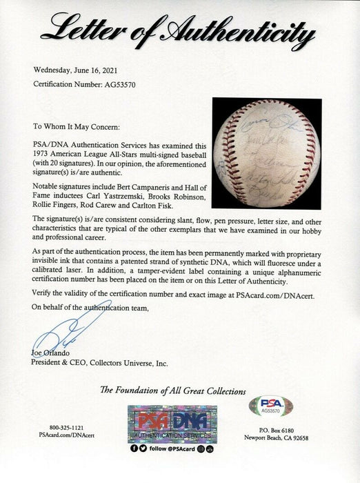 1973 All Star Game American League Team Signed Baseball PSA DNA & JSA COA