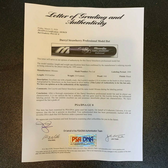 Jim Leyritz Darryl Strawberry Game Used Signed Baseball Bat PSA DNA 9