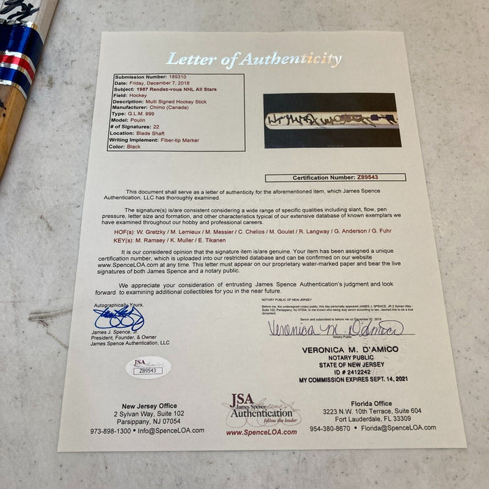1987 Rendezvous Signed Hockey Stick Wayne Gretzky Mario Lemieux Mark Messier JSA