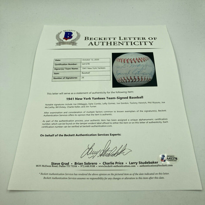 Beautiful 1941 New York Yankees Team Signed American League Baseball Beckett COA