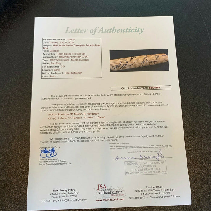 1993 Toronto Blue Jays World Series Champs Team Signed W.S. Issued Bat JSA COA