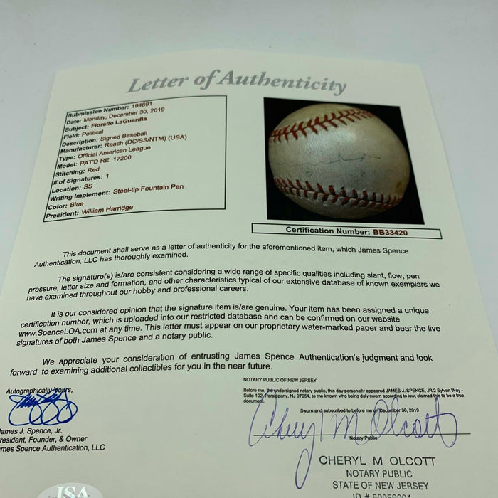 Mayor Fiorello Laguardia "1946" Single Signed Baseball New York City JSA COA