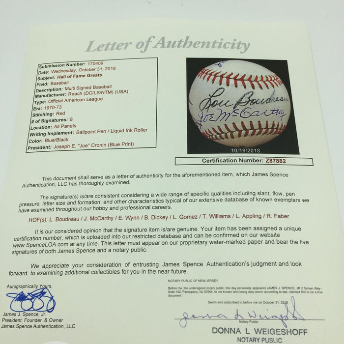 Vintage Red Faber Joe Mccarthy Ted Williams Hall Of Fame Signed Baseball JSA COA