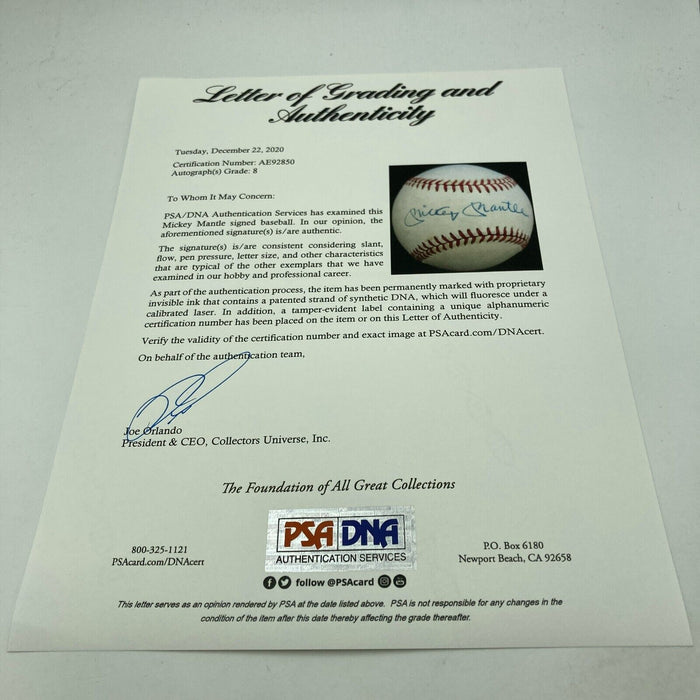 Mickey Mantle Signed American League Baseball PSA DNA Graded 8 Near Mint