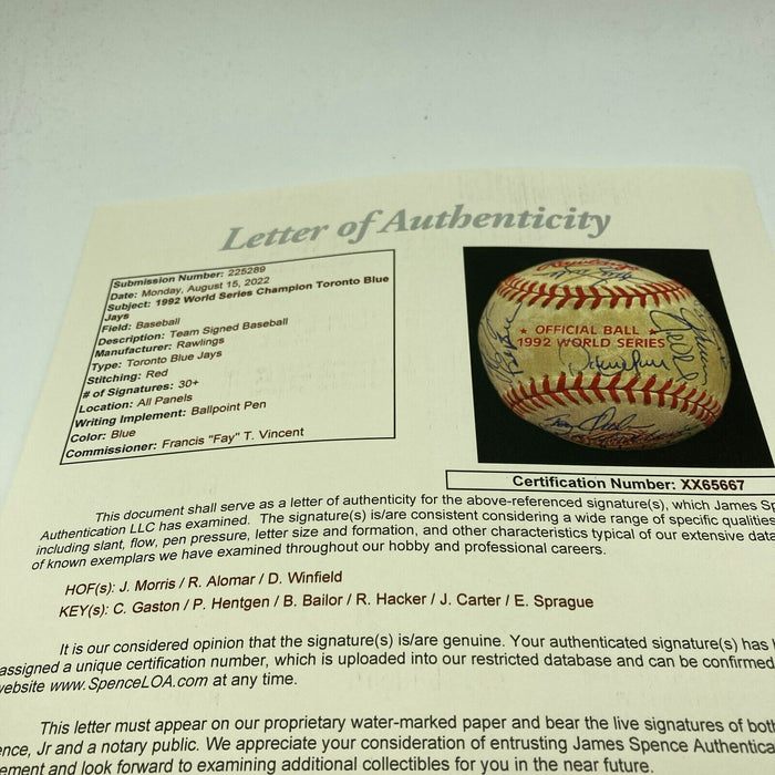 1992 Toronto Blue Jays World Series Champs Team Signed W.S. Baseball JSA COA