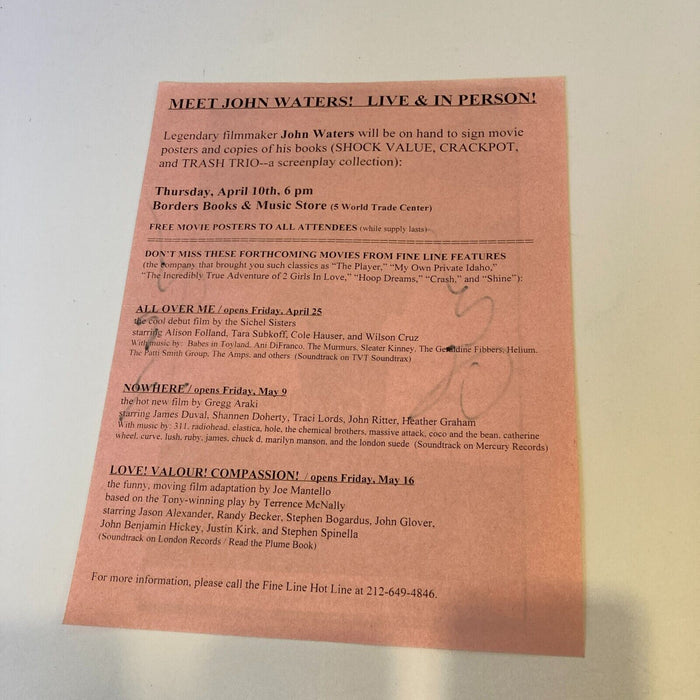 John Waters Signed Autographed Pink Flamingo Movie Sheet With JSA COA