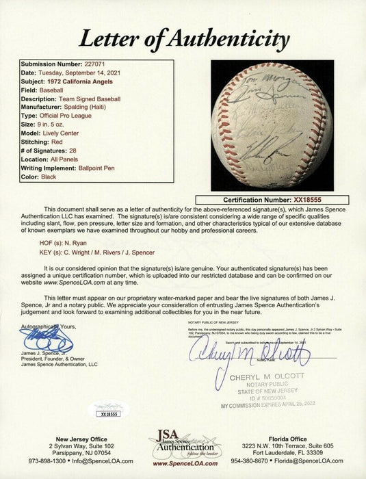 1972 California Angels Team Signed Baseball With Nolan Ryan JSA COA