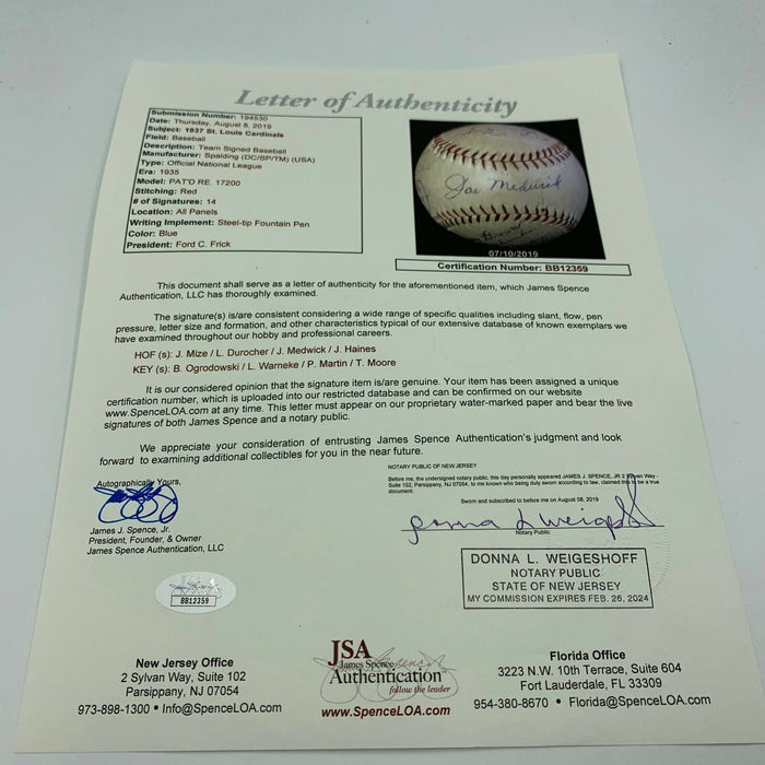 Rare 1937 St. Louis Cardinals Team Signed Autographed Baseball JSA COA