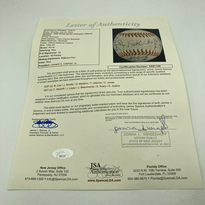 Stunning 1995 Atlanta Braves World Series Champs Team Signed Baseball JSA COA